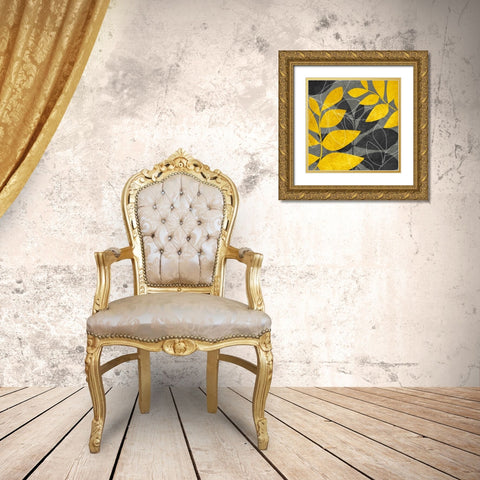Gray and Gold Leaves I Gold Ornate Wood Framed Art Print with Double Matting by Emery, Kristin