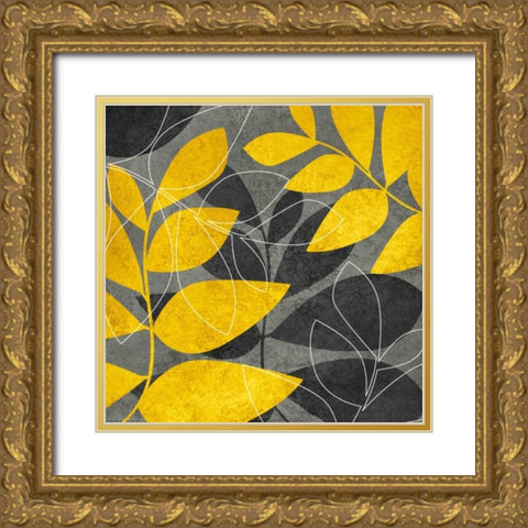 Gray and Gold Leaves I Gold Ornate Wood Framed Art Print with Double Matting by Emery, Kristin