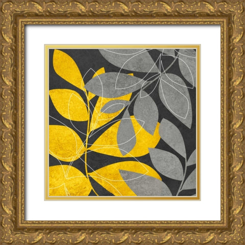 Gray and Gold Leaves II Gold Ornate Wood Framed Art Print with Double Matting by Emery, Kristin
