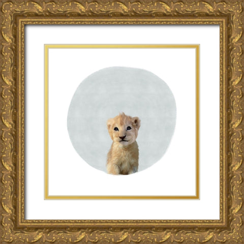 Baby Lion Circle Gray Gold Ornate Wood Framed Art Print with Double Matting by Straatsma, Leah