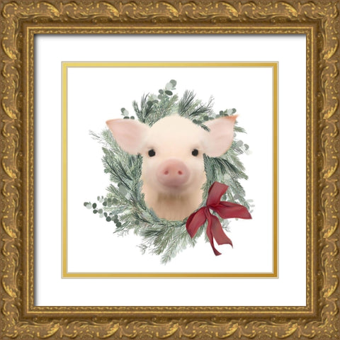 Pig Wreath Gold Ornate Wood Framed Art Print with Double Matting by Straatsma, Leah