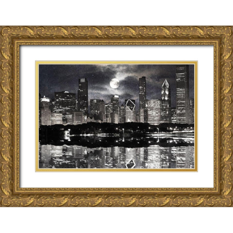 Full Moon Chicago 2 Gold Ornate Wood Framed Art Print with Double Matting by Prime, Marcus