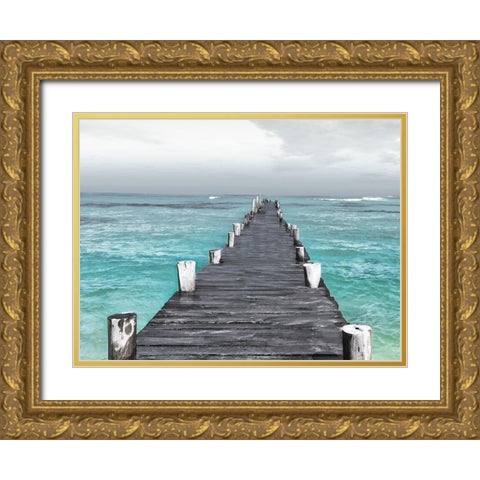 Centered Dock At Sea Recolor Gold Ornate Wood Framed Art Print with Double Matting by Villa, Mlli