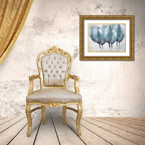 Three Tulip Blue Gold Ornate Wood Framed Art Print with Double Matting by Villa, Milli