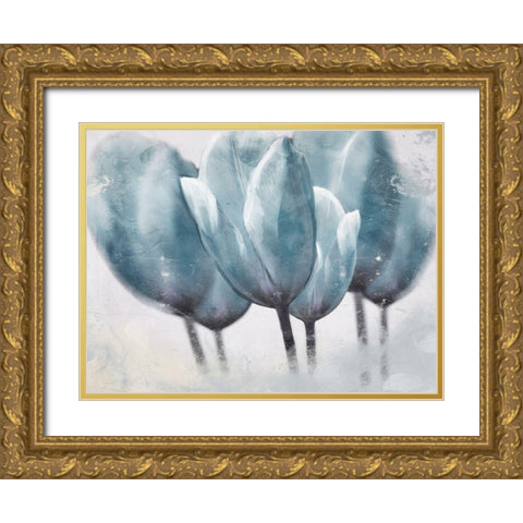 Three Tulip Blue Gold Ornate Wood Framed Art Print with Double Matting by Villa, Milli