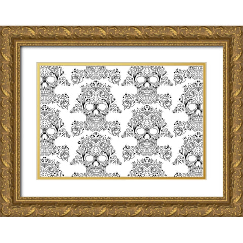 Halloween Skull Pattern Reverse Gold Ornate Wood Framed Art Print with Double Matting by Villa, Mlli