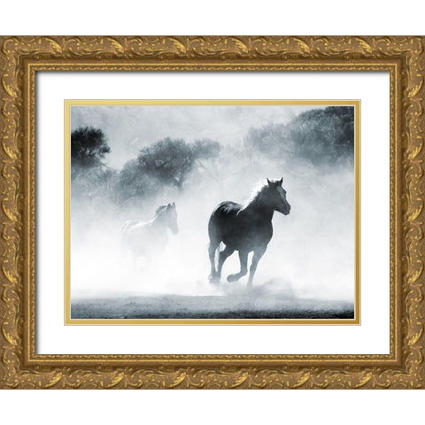 Running Horses 2 Gold Ornate Wood Framed Art Print with Double Matting by Villa, Milli