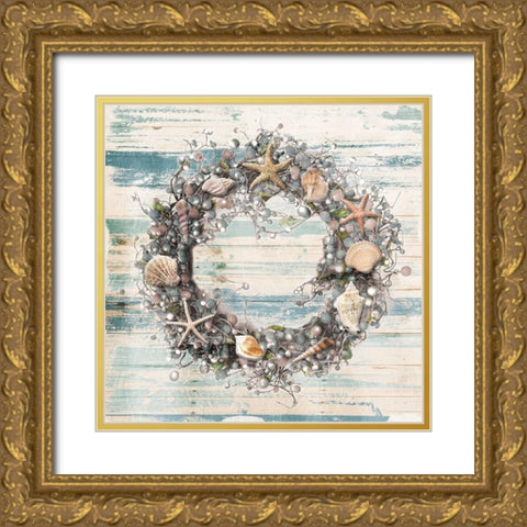Wreath Blues Coastal Gold Ornate Wood Framed Art Print with Double Matting by Villa, Mlli