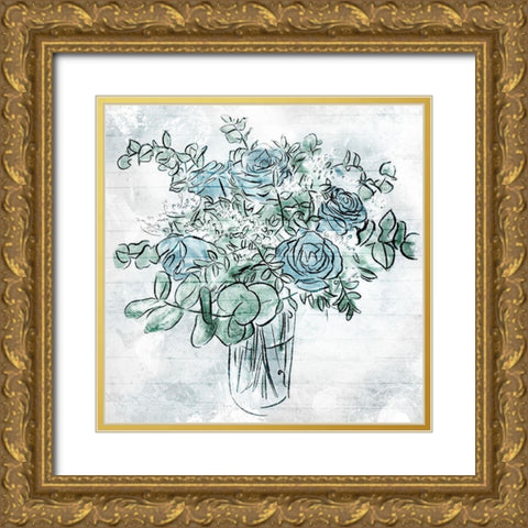 Blue Sketch Florals Gold Ornate Wood Framed Art Print with Double Matting by Villa, Mlli
