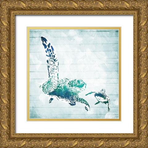 Turtles In The Sea Gold Ornate Wood Framed Art Print with Double Matting by Villa, Mlli