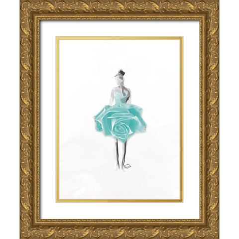 Teal Rose Ballerina Gold Ornate Wood Framed Art Print with Double Matting by OnRei