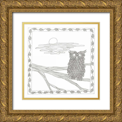 Owl In The Moonlight Gold Ornate Wood Framed Art Print with Double Matting by Varacek, Pam