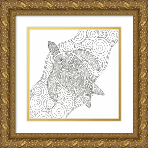 Wave Riding Turtle Gold Ornate Wood Framed Art Print with Double Matting by Varacek, Pam