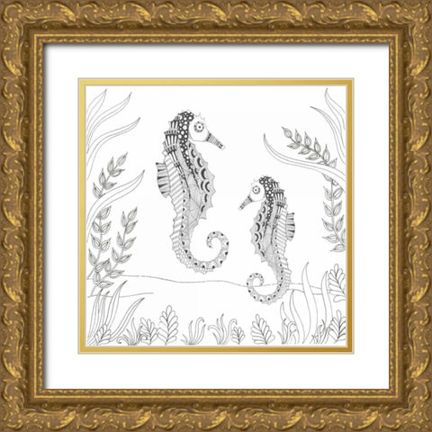 Seahorse Pair Gold Ornate Wood Framed Art Print with Double Matting by Varacek, Pam