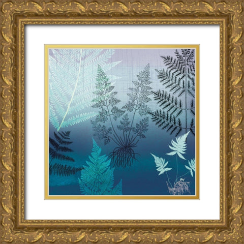 Ferns Navy Gold Ornate Wood Framed Art Print with Double Matting by Lula Bijoux and Company