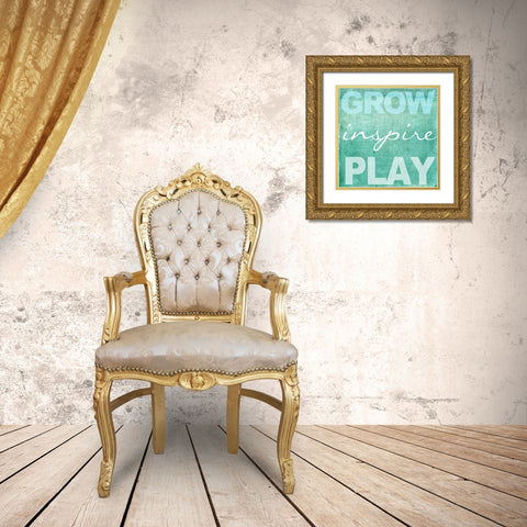 Grow Inspire Play Aqua Gold Ornate Wood Framed Art Print with Double Matting by Greene, Taylor