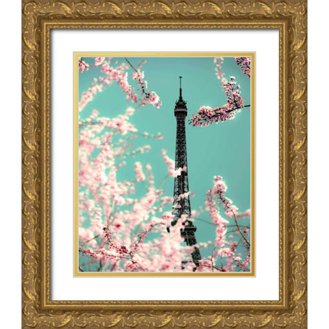 Spring Eiffel Green Gold Ornate Wood Framed Art Print with Double Matting by Telik, Tracey