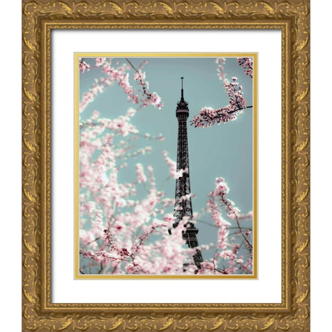 Spring Eiffel Pastel Gold Ornate Wood Framed Art Print with Double Matting by Telik, Tracey