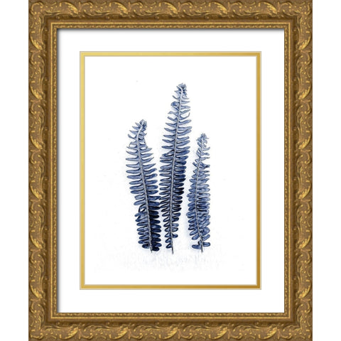 Fern Fronds Navy Gold Ornate Wood Framed Art Print with Double Matting by Urban Epiphany