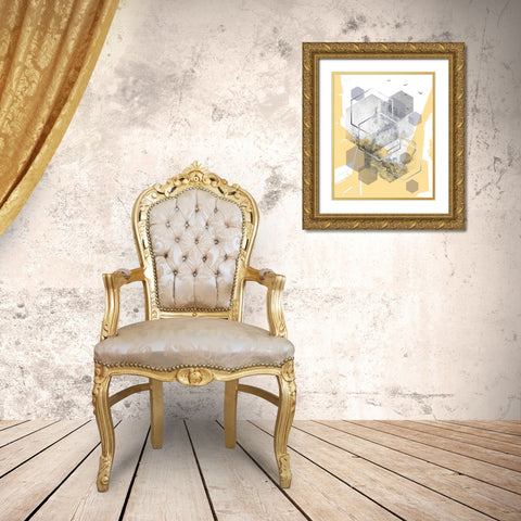 Yellow Grey Abstract Hexagons 1 Gold Ornate Wood Framed Art Print with Double Matting by Urban Epiphany