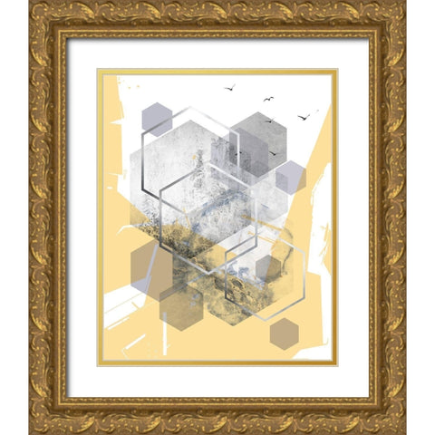 Yellow Grey Abstract Hexagons 1 Gold Ornate Wood Framed Art Print with Double Matting by Urban Epiphany