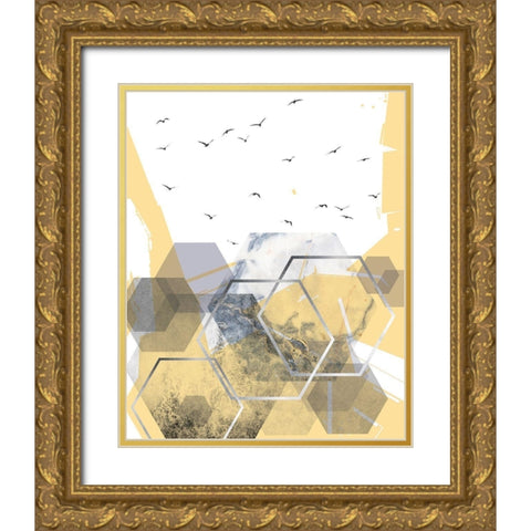 Yellow Grey Abstract Hexagons 2 Gold Ornate Wood Framed Art Print with Double Matting by Urban Epiphany