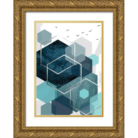 Aqua Abstract 1 Gold Ornate Wood Framed Art Print with Double Matting by Urban Epiphany