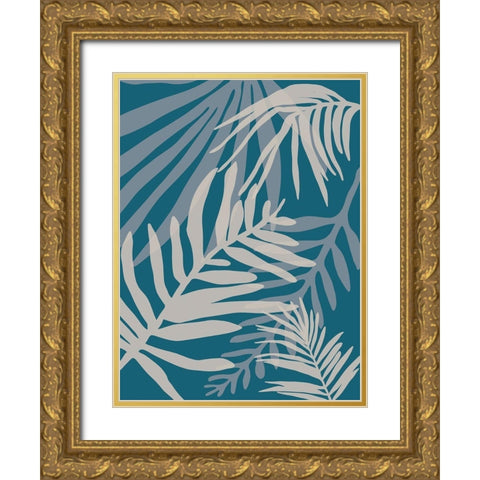 Teal and Beige Glam Leaves 2 Gold Ornate Wood Framed Art Print with Double Matting by Urban Epiphany