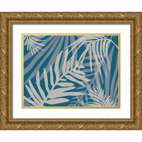 Teal and Beige Glam Leaves 3 Gold Ornate Wood Framed Art Print with Double Matting by Urban Epiphany