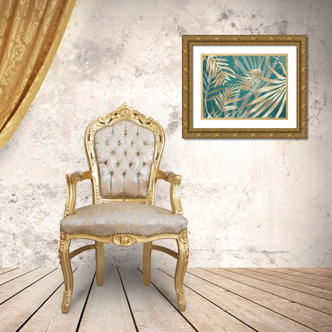 Glam Leaves Teal 2 Gold Ornate Wood Framed Art Print with Double Matting by Urban Epiphany