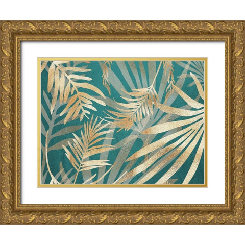 Glam Leaves Teal 2 Gold Ornate Wood Framed Art Print with Double Matting by Urban Epiphany