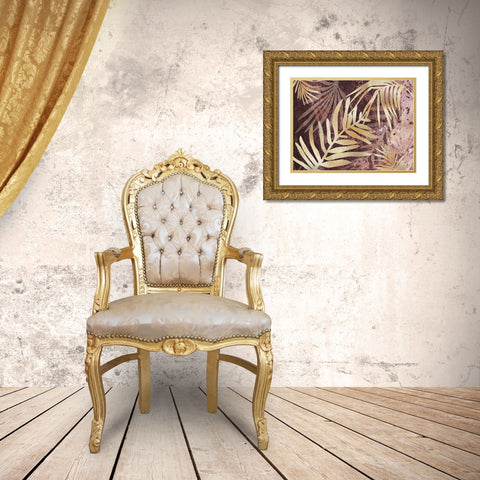 Tropical Leaves Pink Burgundy Gold Ornate Wood Framed Art Print with Double Matting by Urban Epiphany