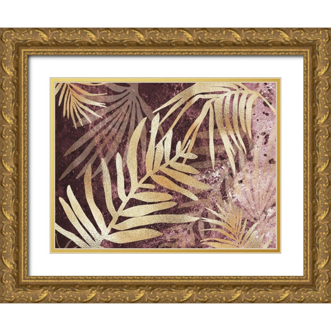 Tropical Leaves Pink Burgundy Gold Ornate Wood Framed Art Print with Double Matting by Urban Epiphany
