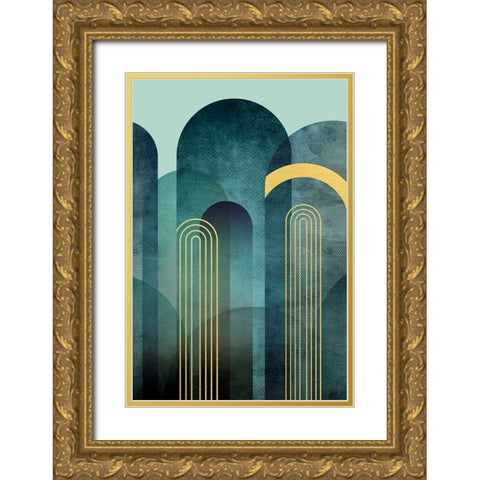 MidCentury Arches Teal Gold Ornate Wood Framed Art Print with Double Matting by Urban Epiphany
