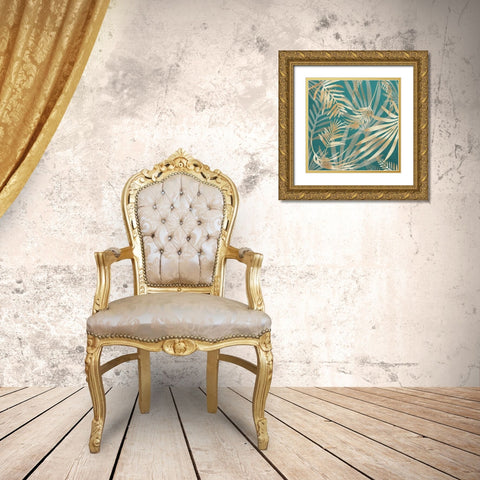 Glam Leaves Teal 4 Gold Ornate Wood Framed Art Print with Double Matting by Urban Epiphany