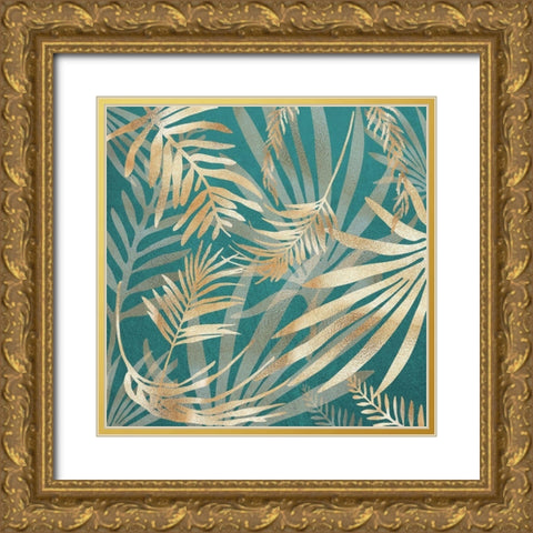 Glam Leaves Teal 4 Gold Ornate Wood Framed Art Print with Double Matting by Urban Epiphany
