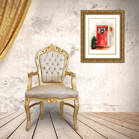 Christmas Door Gold Ornate Wood Framed Art Print with Double Matting by Brown, Victoria
