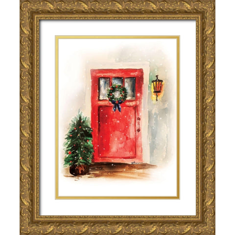 Christmas Door Gold Ornate Wood Framed Art Print with Double Matting by Brown, Victoria