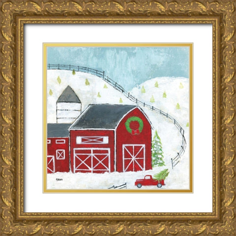 Christmas Barn Gold Ornate Wood Framed Art Print with Double Matting by Tava Studios