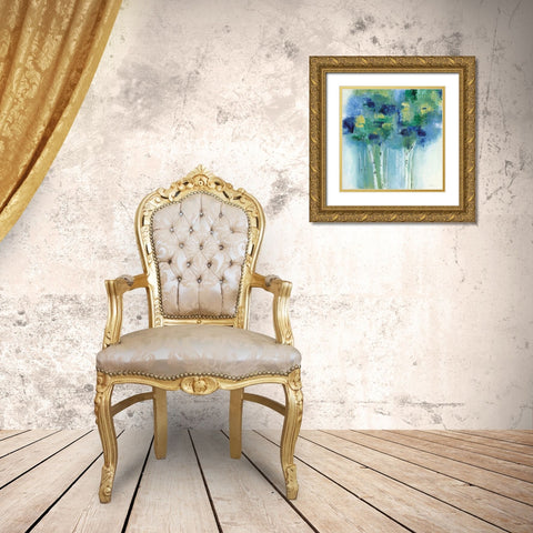 Birch In Blues Gold Ornate Wood Framed Art Print with Double Matting by Tava Studios