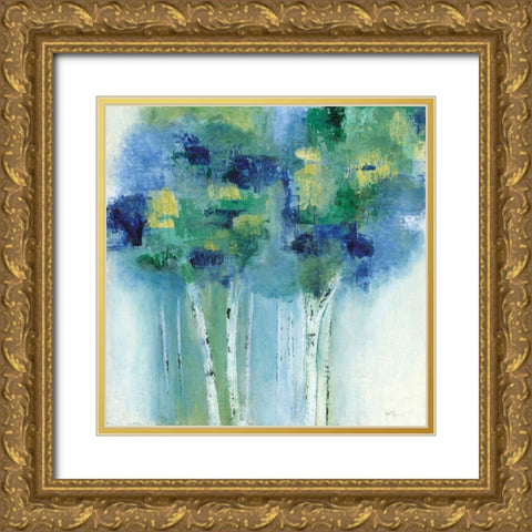Birch In Blues Gold Ornate Wood Framed Art Print with Double Matting by Tava Studios