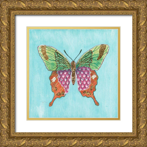Butterfly on Blue Gold Ornate Wood Framed Art Print with Double Matting by Tava Studios