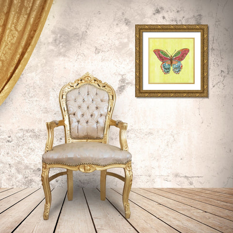 Butterfly on Green Gold Ornate Wood Framed Art Print with Double Matting by Tava Studios