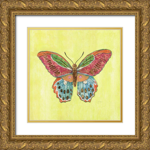Butterfly on Green Gold Ornate Wood Framed Art Print with Double Matting by Tava Studios