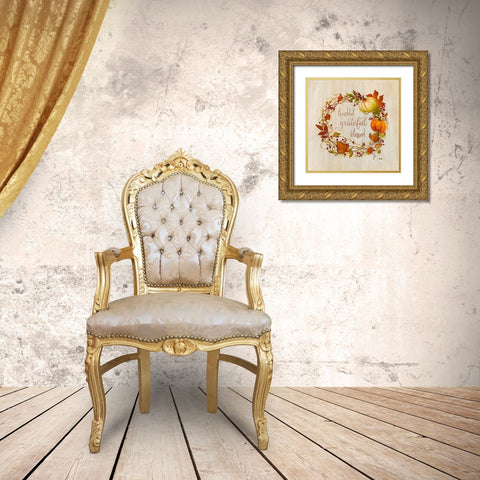 Pumpkin in Fall Wreath Gold Ornate Wood Framed Art Print with Double Matting by Tava Studios