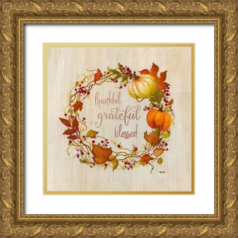 Pumpkin in Fall Wreath Gold Ornate Wood Framed Art Print with Double Matting by Tava Studios