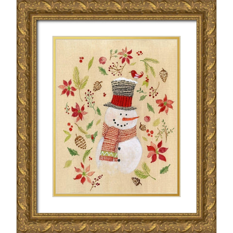 Holly Days Snowman Gold Ornate Wood Framed Art Print with Double Matting by Tava Studios