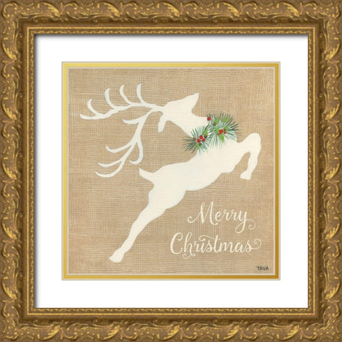 Merry Christmas Reindeer Gold Ornate Wood Framed Art Print with Double Matting by Tava Studios