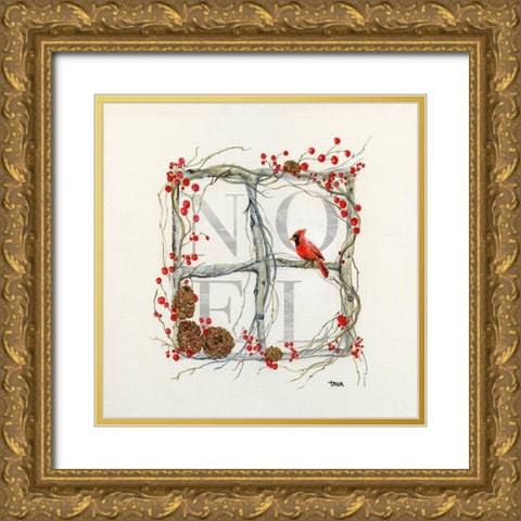Noel Cardinal Wreath Gold Ornate Wood Framed Art Print with Double Matting by Tava Studios