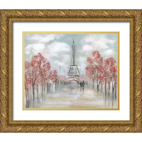 Paris In Springtime Gold Ornate Wood Framed Art Print with Double Matting by Tava Studios